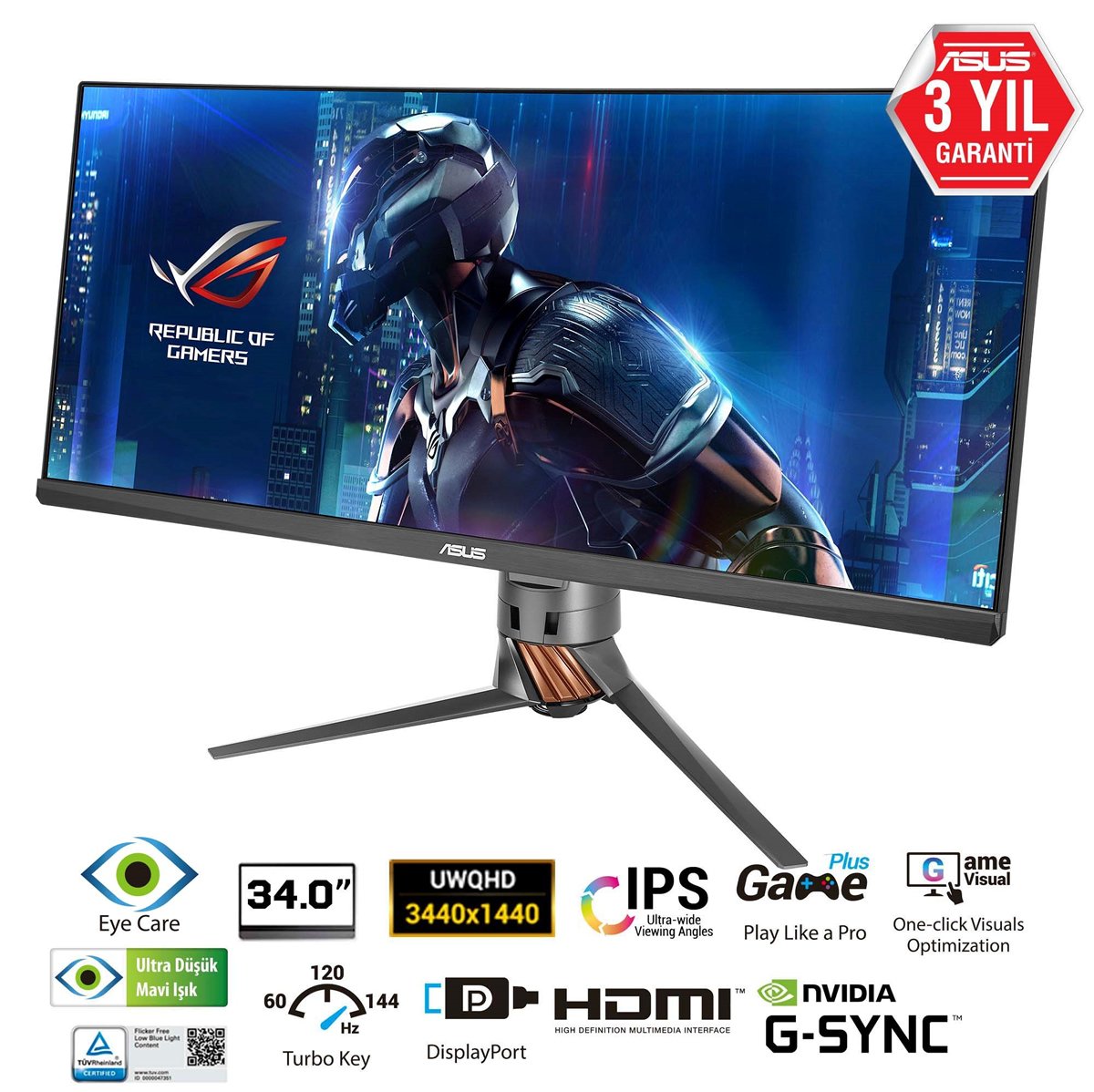 34 ASUS PG348Q Gaming, Curved IPS, G-sync 3440x1440 5ms, 100hz 3YIL DisplayPort, HDMI MM VESA, EyeCare, Yükseklik ayarlanabilir,Pivot