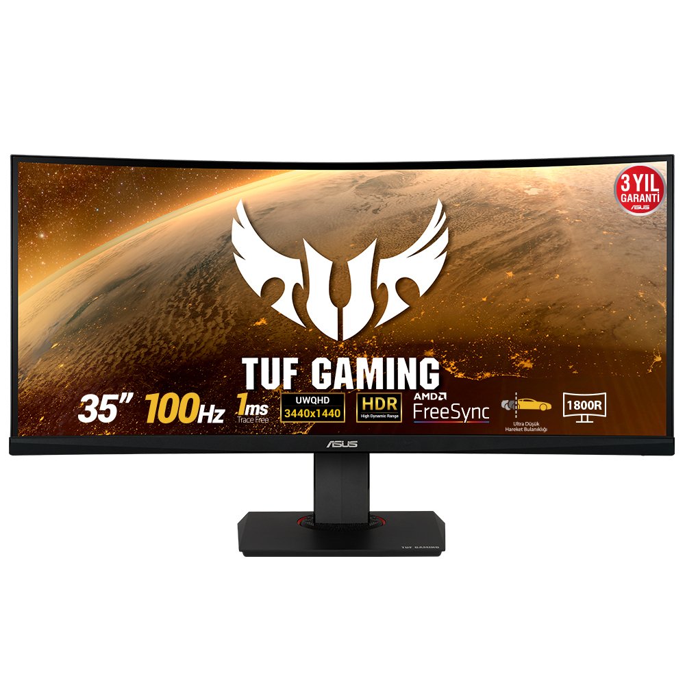 ASUS TUF GAMING 35 VG35VQ VA KAVISLI FREESYNC 3440x1440 1MS 100HZ 3YIL HDMIx2 DP USB 3.0X2 VESA ELMB SYNC YUKSEKLIK AYARI HDR10