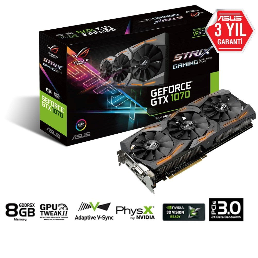 ASUS ROG STRİX GEFORCE GTX 1070 8GB GDDR5 256BIT DVI 2HDMI 2DP EKRAN KARTI