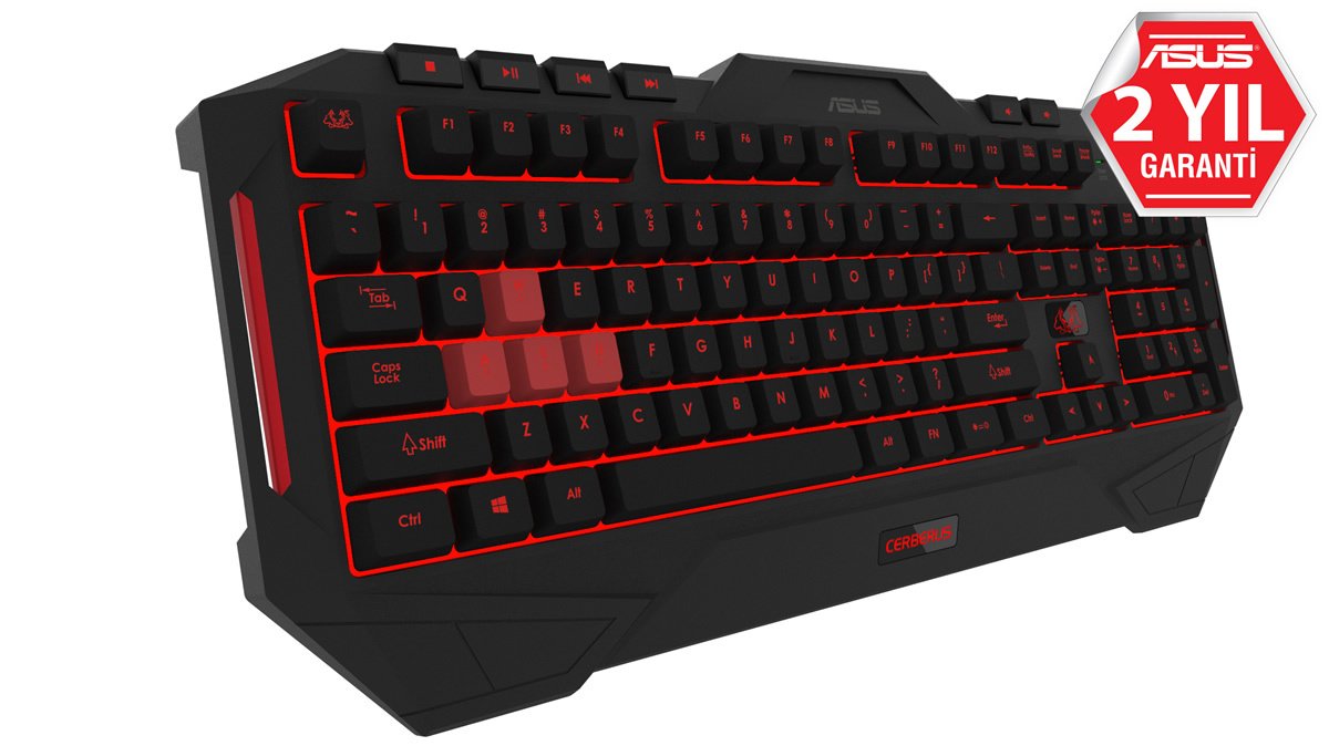 ASUS CERBERUS MKII OYUNCU KLAVYE - RENKLİ LED AYDİNLATMA, SIVIYA DAYANIKLI, TÜRKÇE TUŞ DİZİLİMİ, SİYAH RENK