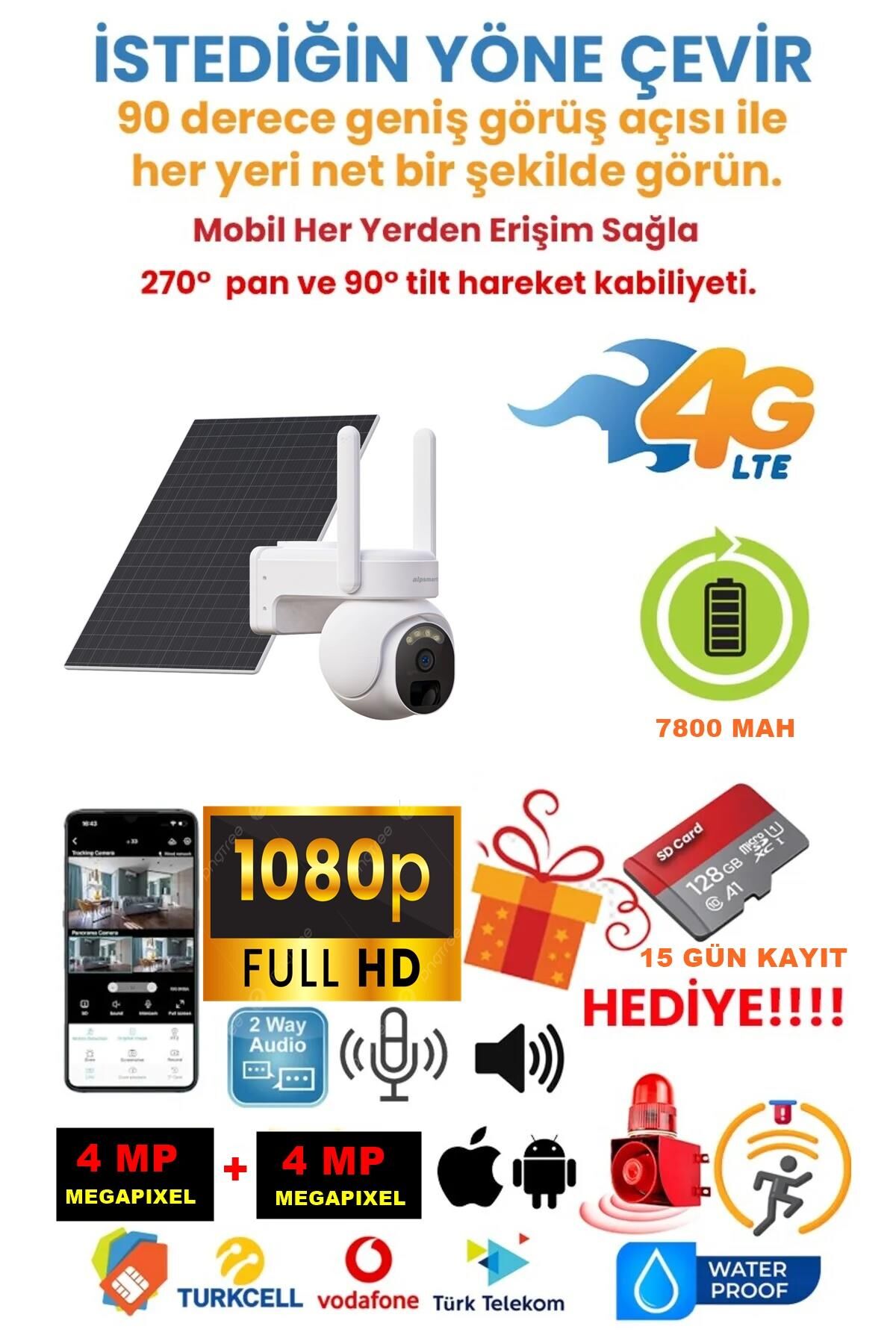 Alpsmart Solar Panelli, Güneş Enerjili, SIM Kartlı 4G, 4MP  128GB PTZ Güvenlik Kamerası – Hareket Algılamalı