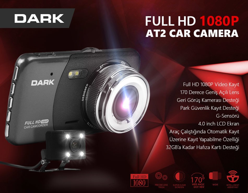 Dark AT2 ÇİFT KAMERALI 12MP 1080p (ÖN) 480p (ARKA) 170° GENİŞ AÇILI 4 İNÇ LCD EKRANLI ARAÇ İÇİ KAMERA