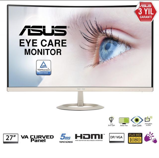 27 ASUS VZ27VQ 1920x1080 5ms 3YIL DisplayPort DSUB HDMI Eye Care Kavisli Monitör