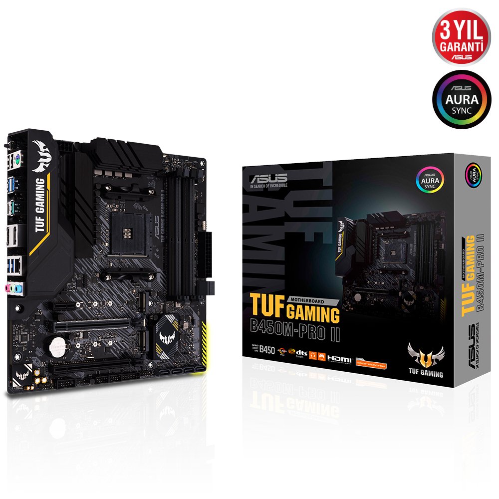 ASUS TUF GAMING B450M-PRO II AMD B450 AM4 DDR4 4400 DP HDMI Çift M2 USB3.2 AURA RGB mATX 128GB’a kadar ram desteği AI Ses Engelleyici Mic. Desteği