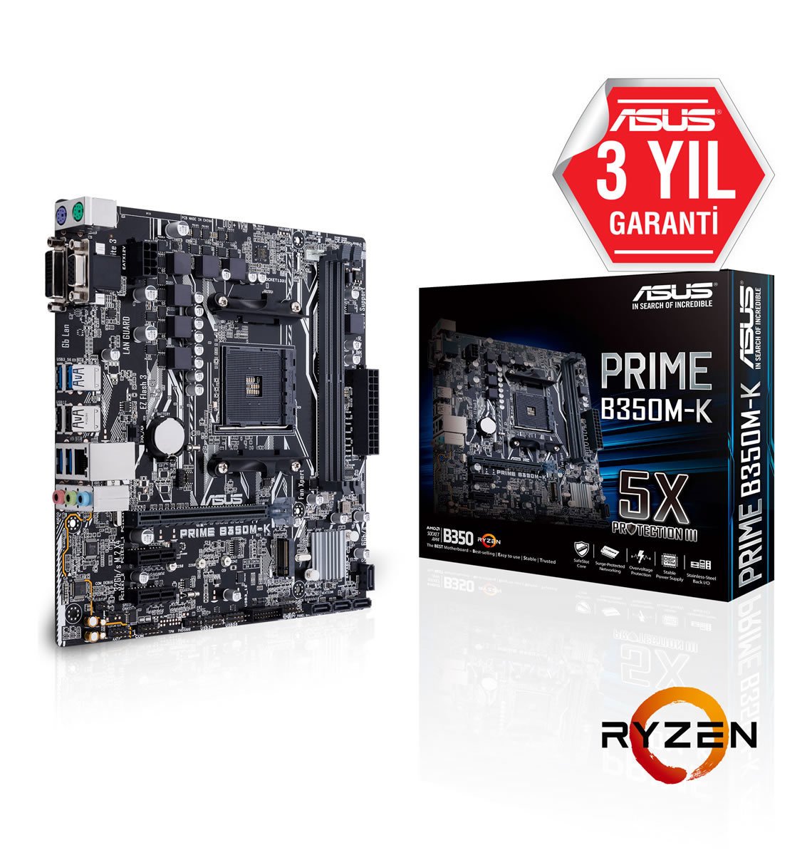 ASUS PRIME B350M-K AMD B350 SOKET AM4 DDR4 3200 DVI VGA M2 USB3.1 MATX