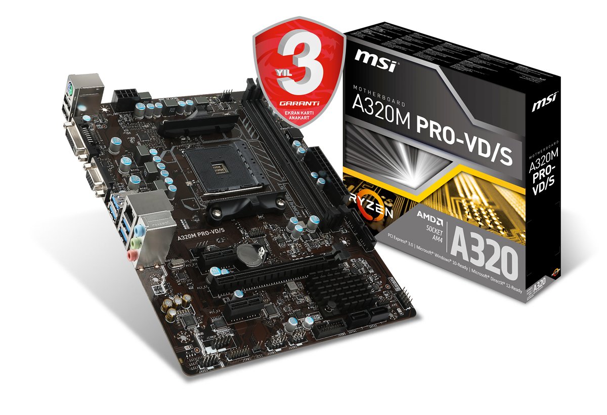MSI A320M PRO-VD/S AM4 DDR4 3200(OC) DVI VGA USB3.1 mATX