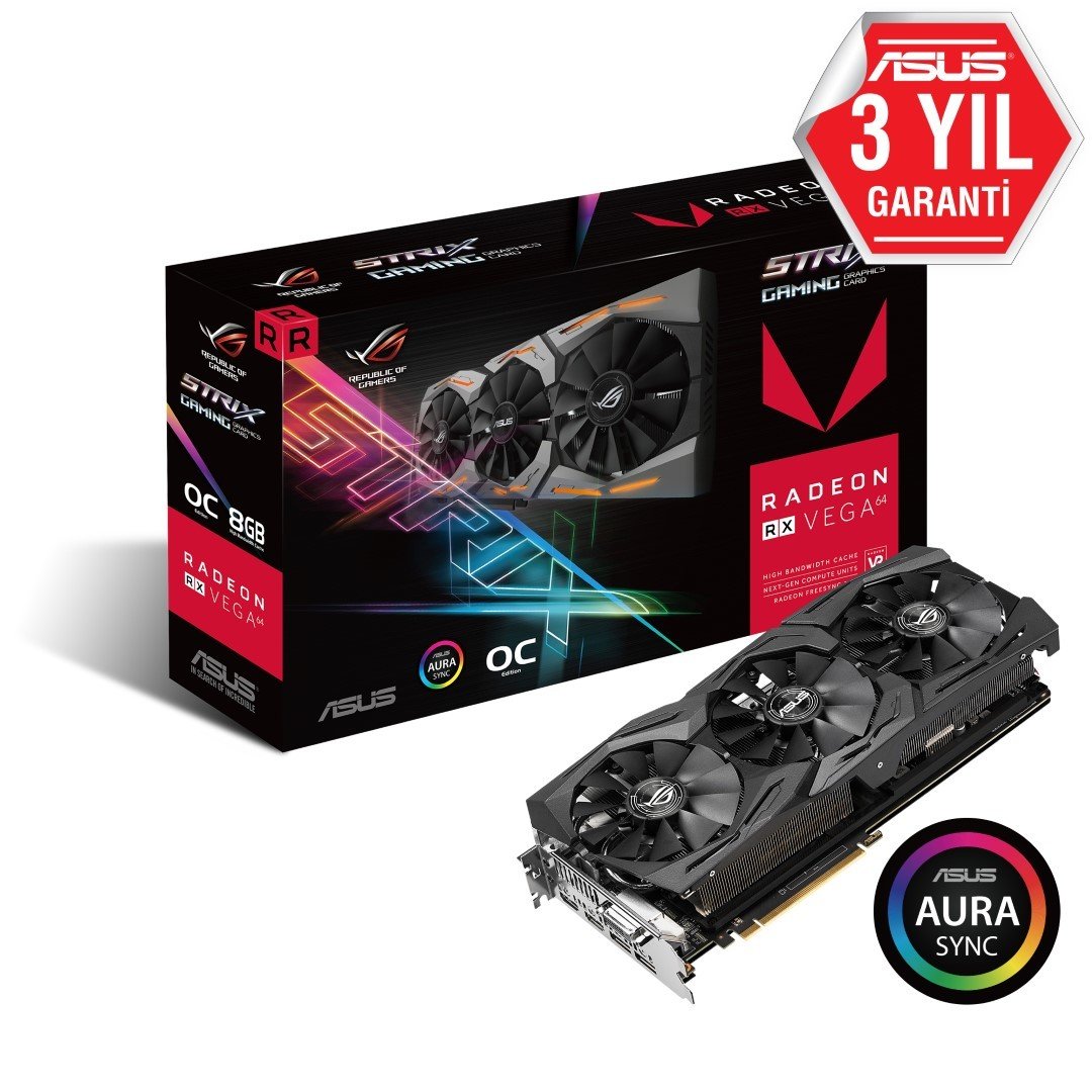 ASUS RADEON ROG-STRIX-RXVEGA64-O8G-GAMING 8GB HBM2 2048bit 1590Mhz OC 1xDVI 2xHDMI 2xDP EKRAN KARTI