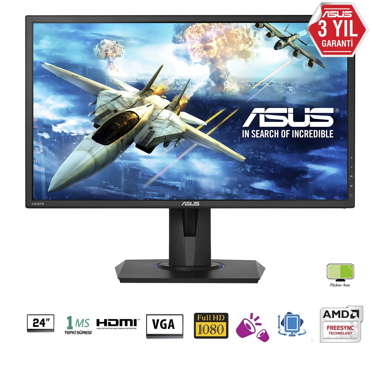 24 ASUS VG245H Gaming, LED, Free-Sync 1920x1080 1ms, 75hz 3YIL HDMIx2,VGA MM VESA, EyeCare, Yükseklik ayarlanabilir,Pivot