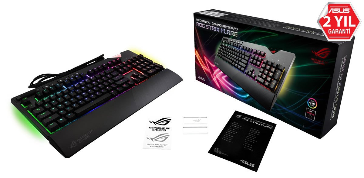 ASUS ROG STRİX FLARE AURA SYNC RGB BİLEK DESTEĞİ MEKANİK OYUNCU KLAVYE - TÜRKÇE TUS DİZİLİMİ CHERRY MX BLUE