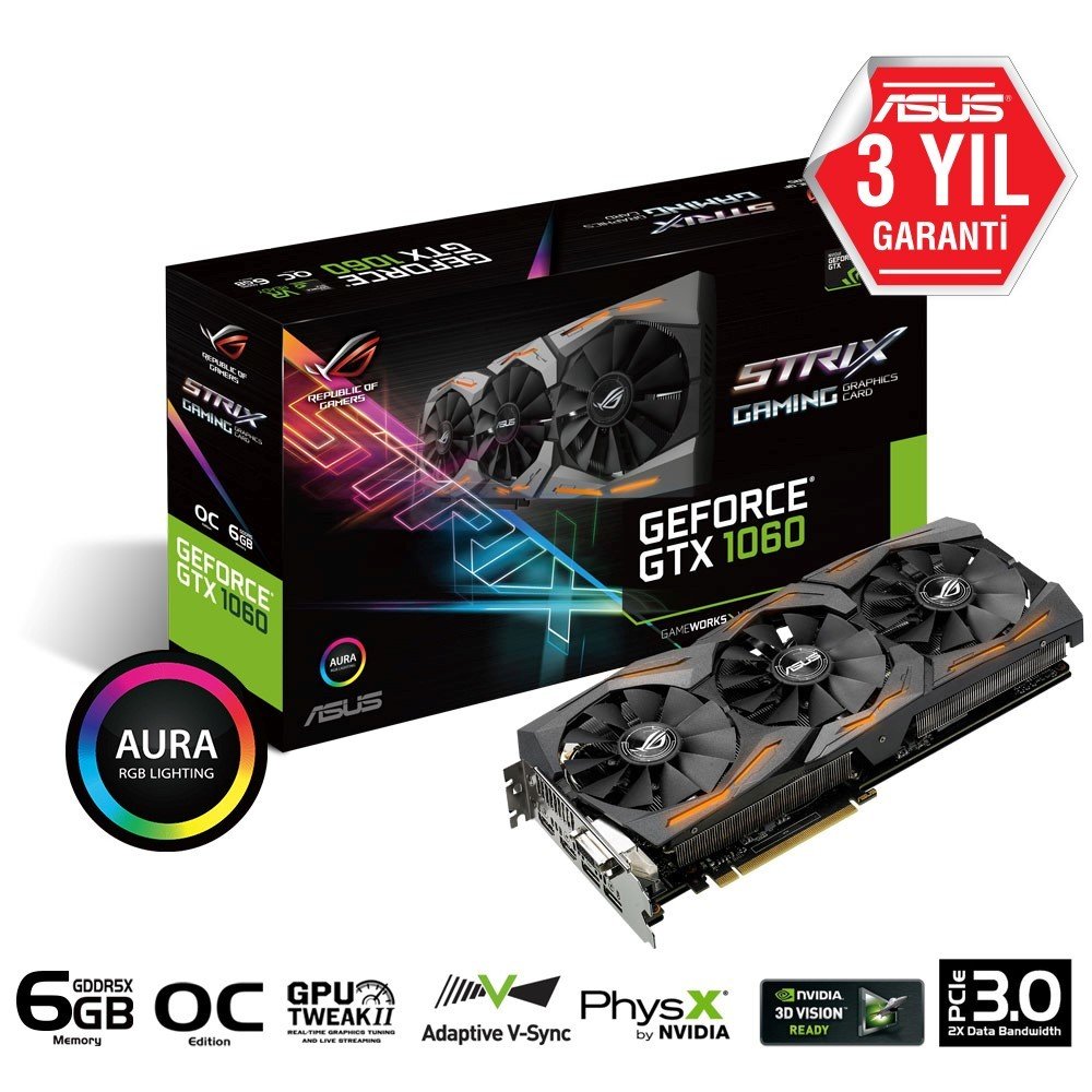 ASUS ROG Strix GeForce GTX 1060 OC edition 6GB GDDR5 192BIT DVI 2HDMI 2DP EKRAN KARTI