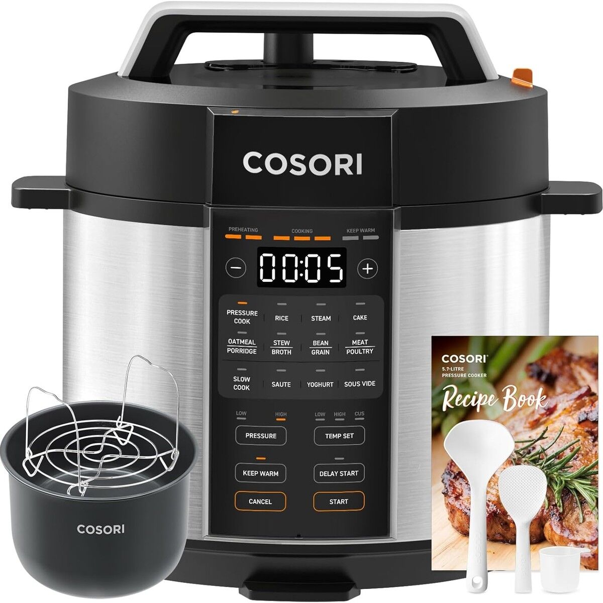 COSORI Düdüklü Tencere, 9'u 1 Arada, 14 Fonksiyonlu Çoklu Pişirici, 5,7 L Düdüklü Tencere, Yavaş Pişirici ve Sous Vide, Sote Tavası, Paslanmaz Çelik